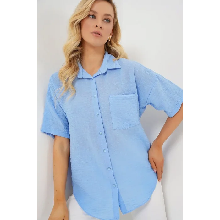 Kısa Kol Keten Görünümlü Gömlek 20336 - Mavi