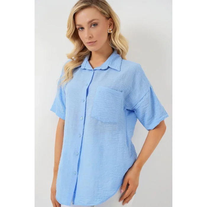 Kısa Kol Keten Görünümlü Gömlek 20336 - Mavi