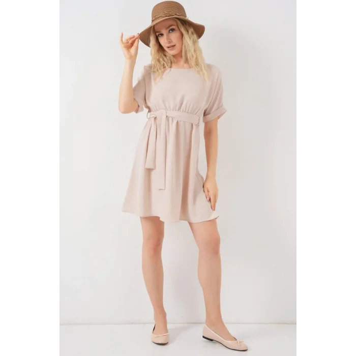 Kısa Kol Mini Ayrobin Elbise 2572 - Krem
