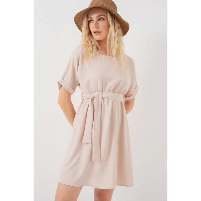 Kısa Kol Mini Ayrobin Elbise 2572 - Krem