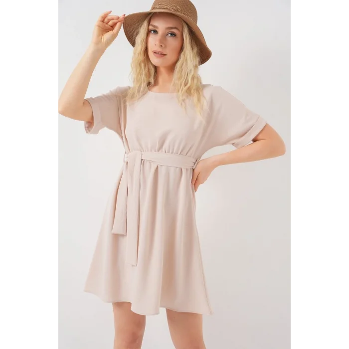 Kısa Kol Mini Ayrobin Elbise 2572 - Krem