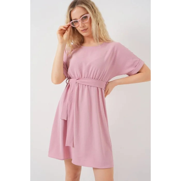 Kısa Kol Mini Ayrobin Elbise 2572 - Pudra