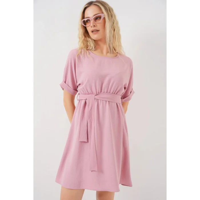 Kısa Kol Mini Ayrobin Elbise 2572 - Pudra