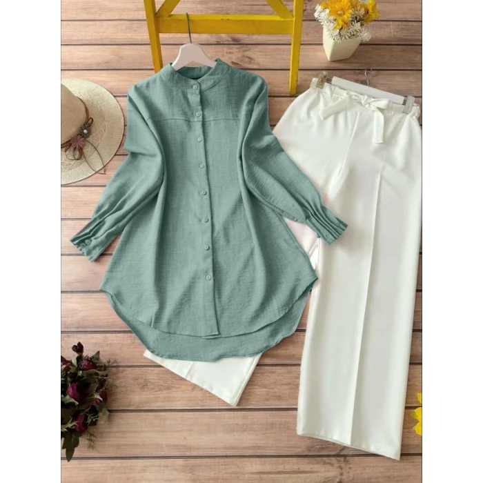 Kol Manşeti Drapeli Oval Kesim Gömlek    -Mint