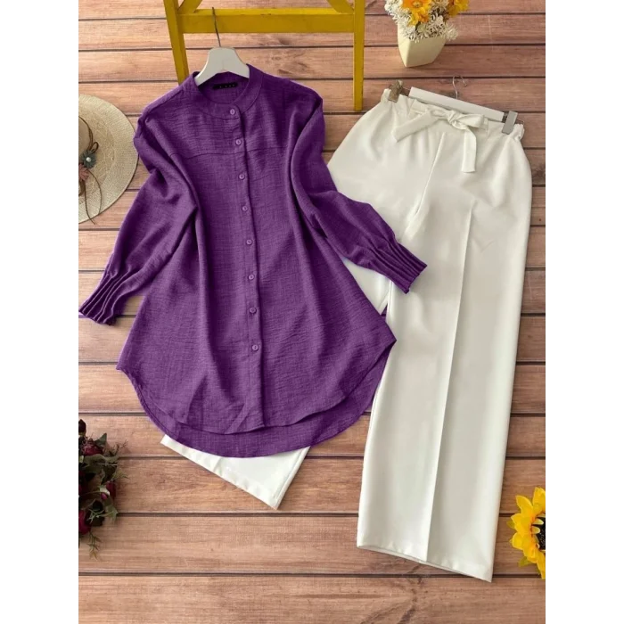 Kol Manşeti Drapeli Oval Kesim Gömlek          -Mor