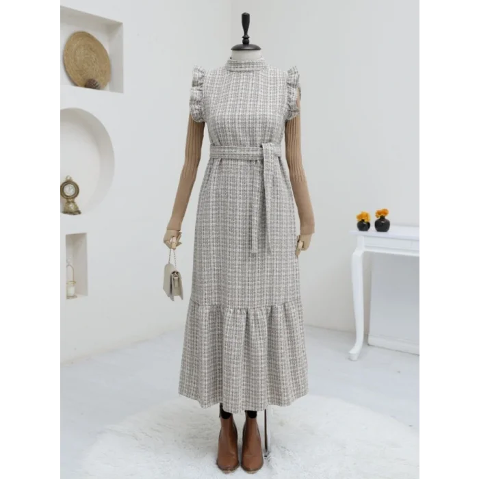 Kolları Fırfırlı Kemerli Tuvit Jile  -Vizon