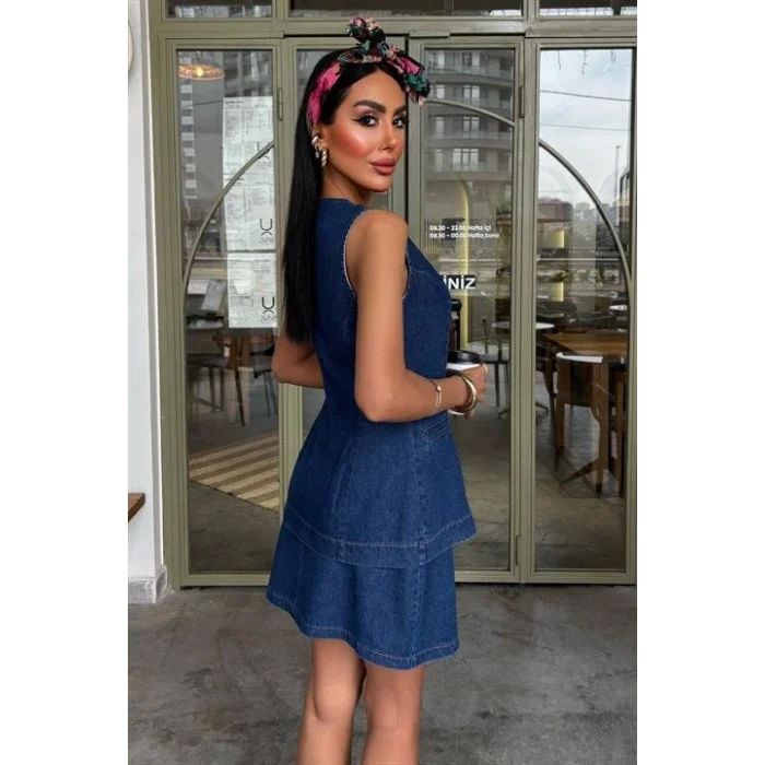 Kolsuz Yelekli Mini Etekli Denim Takım 10164