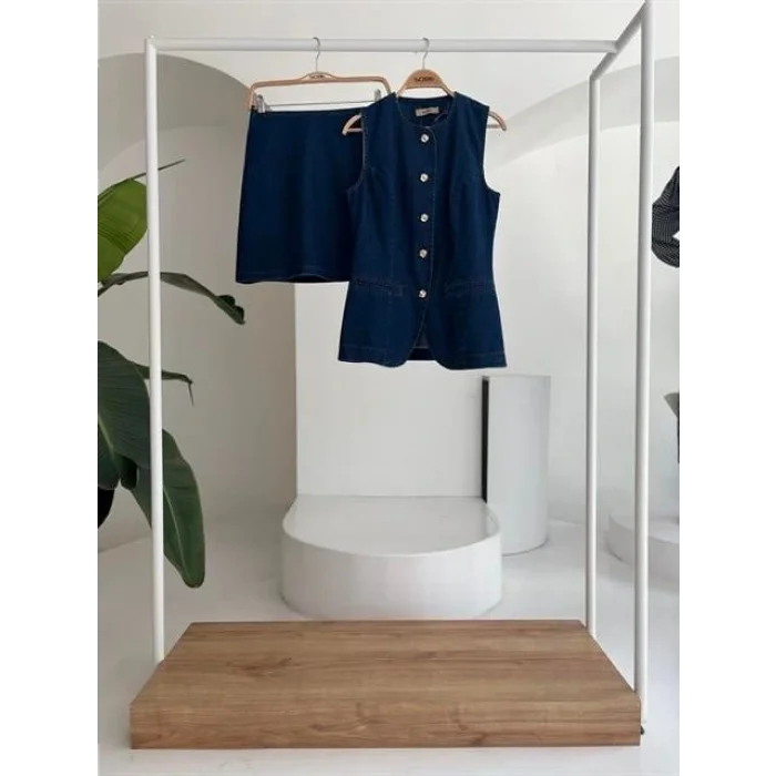 Kolsuz Yelekli Mini Etekli Denim Takım 10164