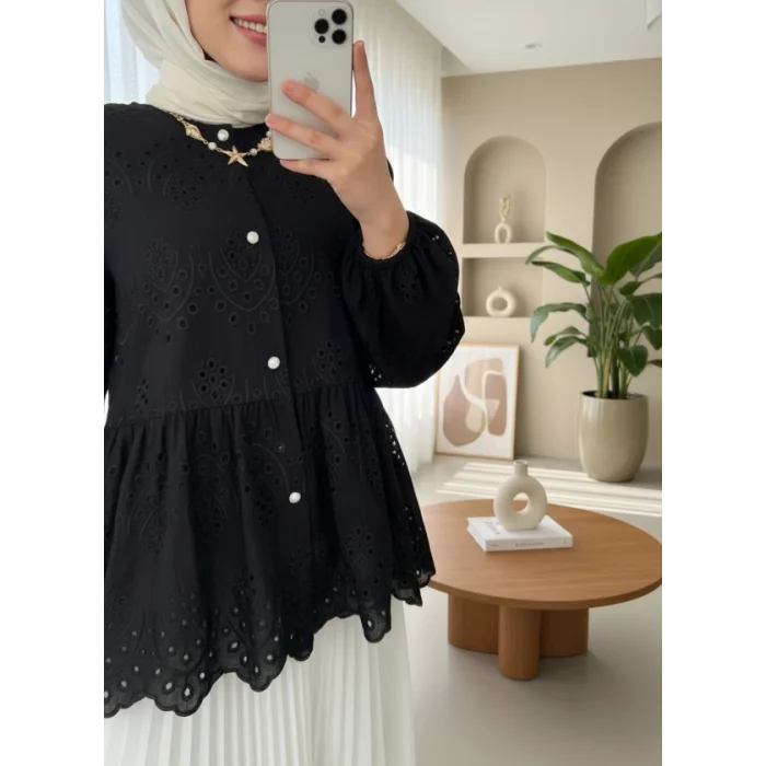 Kolu Lastikli Ajurlu Düğmeli Astarlı Gömlek -Siyah