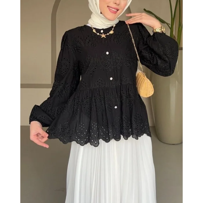 Kolu Lastikli Ajurlu Düğmeli Astarlı Gömlek -Siyah