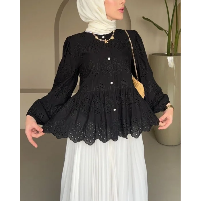 Kolu Lastikli Ajurlu Düğmeli Astarlı Gömlek -Siyah