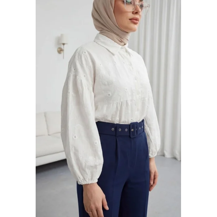 Kolu Lastikli Fistolu Yarı Transparan Keten Gömlek -Beyaz