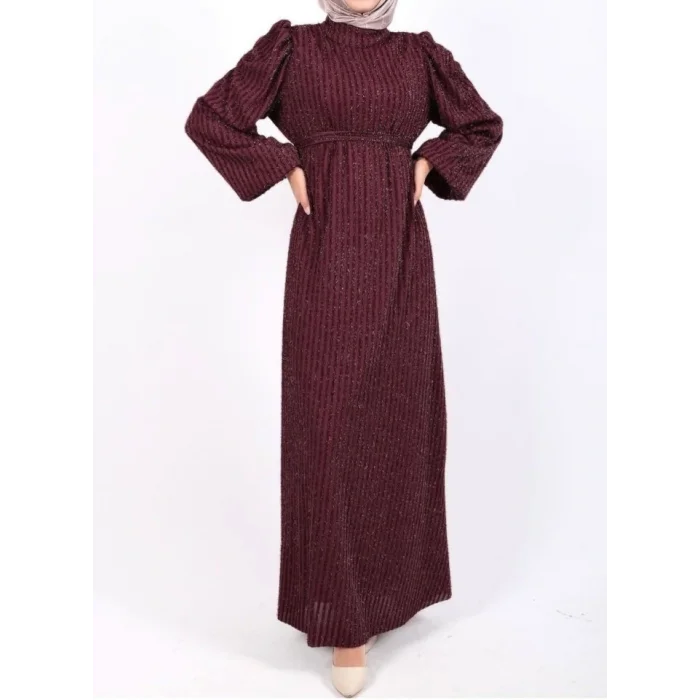 Kolu Lastikli Sim Çizgili Kemerli  Elbise -Bordo