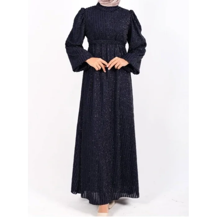 Kolu Lastikli Sim Çizgili Kemerli  Elbise -Laci