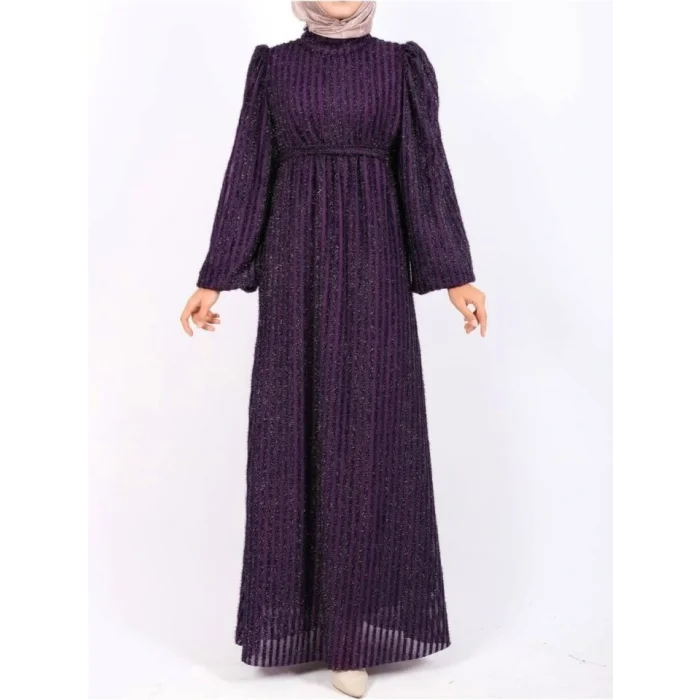 Kolu Lastikli Sim Çizgili Kemerli  Elbise -Mor
