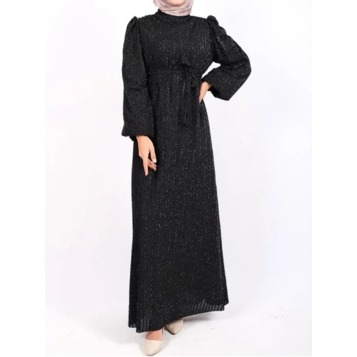 Kolu Lastikli Sim Çizgili Kemerli  Elbise -Siyah