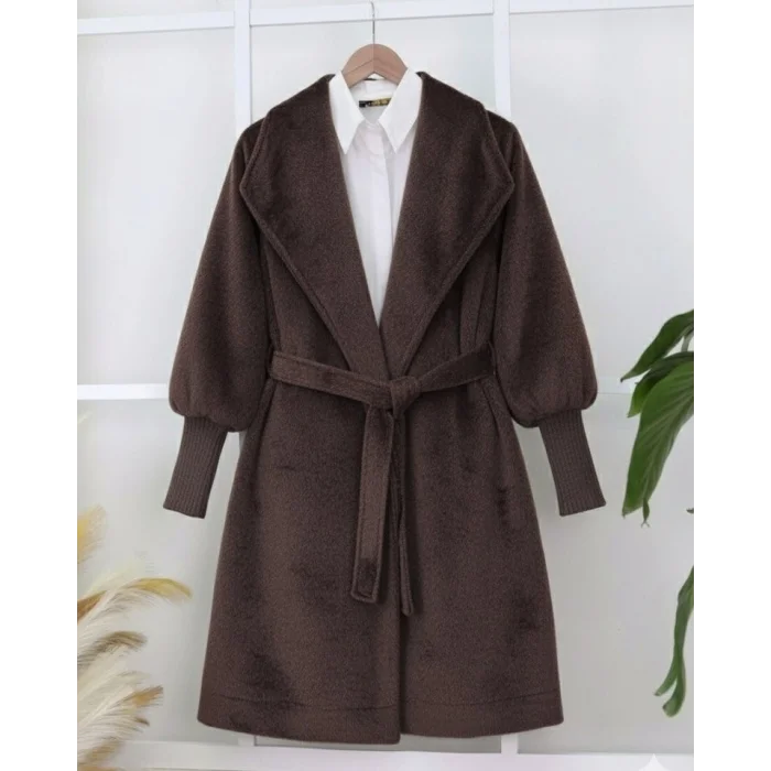 Kolu Ribanalı Şal Yaka Astarlı Kaşe Kaban    -K. Kahve