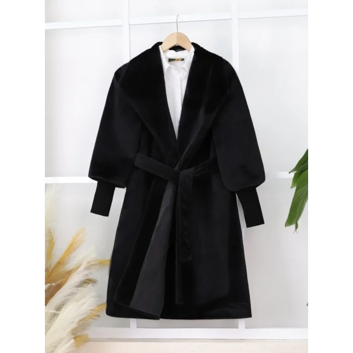 Kolu Ribanalı Şal Yaka Astarlı Kaşe Kaban -Siyah