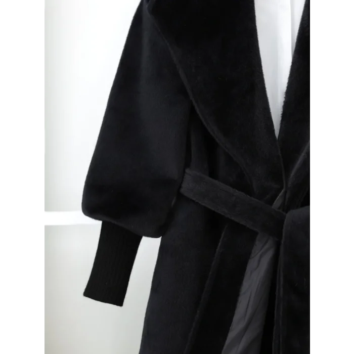 Kolu Ribanalı Şal Yaka Astarlı Kaşe Kaban -Siyah