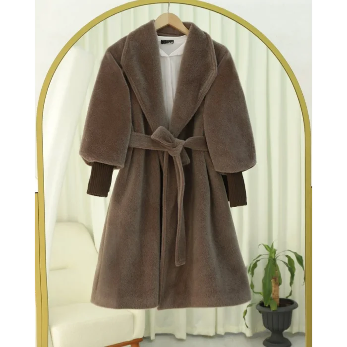 Kolu Ribanalı Şal Yaka Astarlı Kaşe Kaban     -Toprak