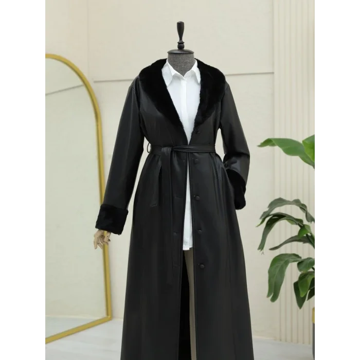 Kolu Ve Yakası Peluşlu Bağcıklı Deri Pardesü -Siyah