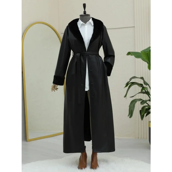 Kolu Ve Yakası Peluşlu Bağcıklı Deri Pardesü -Siyah