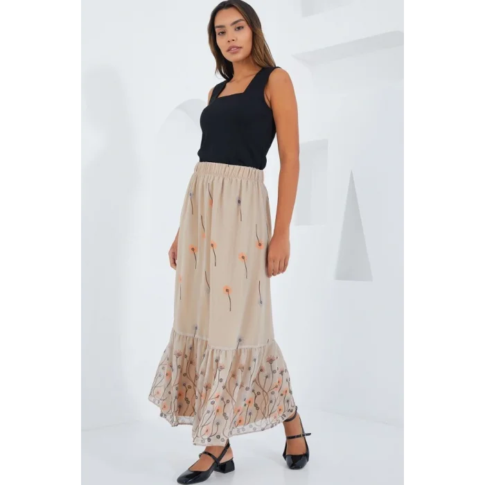 Krem Desenli Şifon Etek 8010