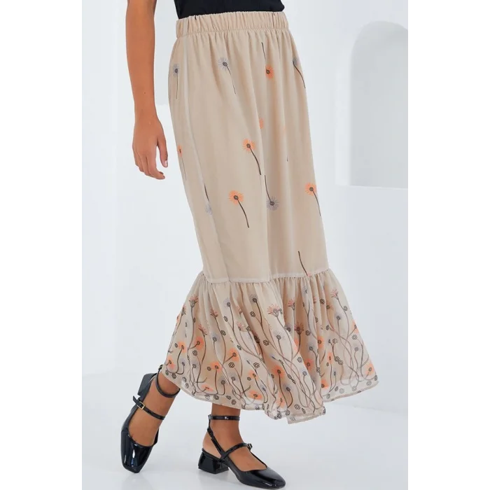 Krem Desenli Şifon Etek 8010