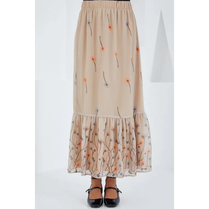 Krem Desenli Şifon Etek 8010