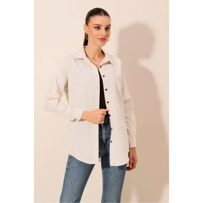 Krem Düz Oversize Uzun Basic Gömlek 3900
