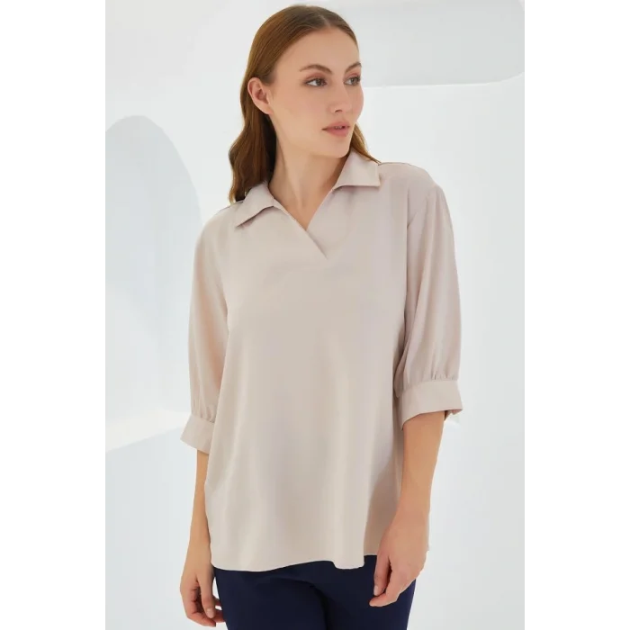 Krem Gömlek Yaka Saten Bluz 0493