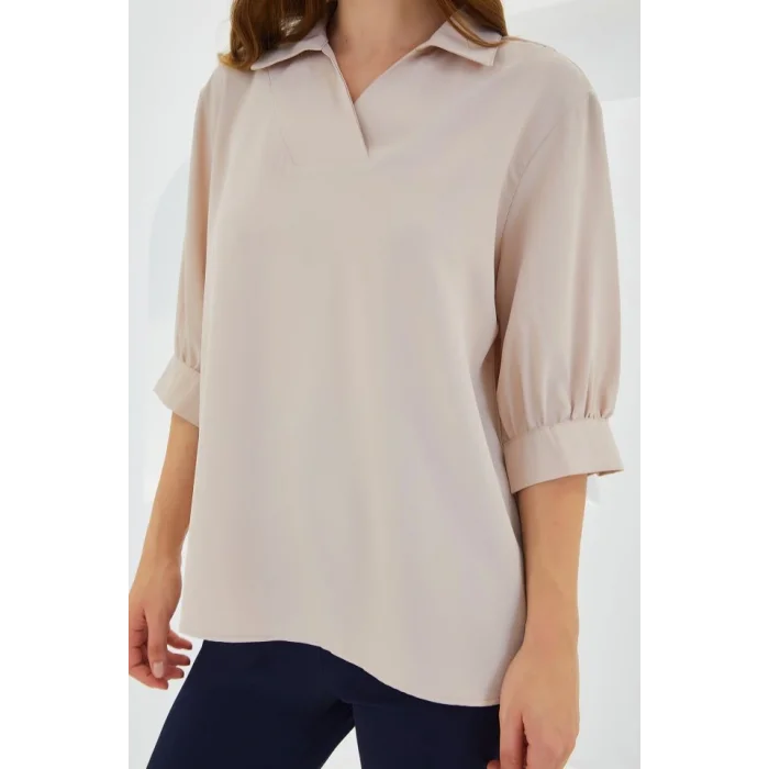 Krem Gömlek Yaka Saten Bluz 0493