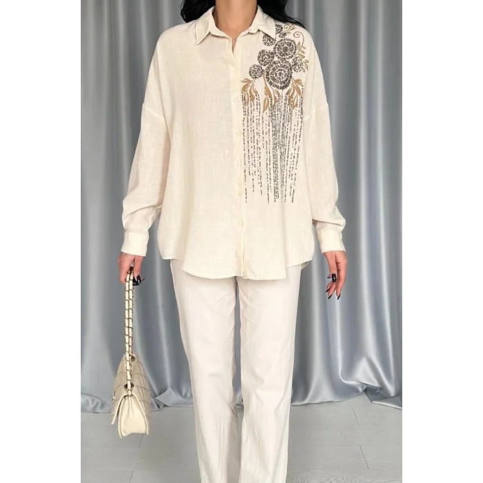 Krem Pulpayet Nakışlı Bedensiz Gömlek