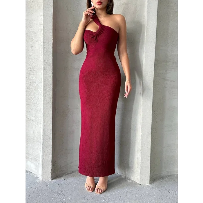 Krinkıl tek omuz uzun elbise bordo s25455