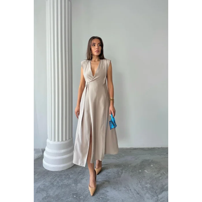 KRUVAZE VATKALI KOLSUZ ELBİSE MODAL KUMAŞ - Bej