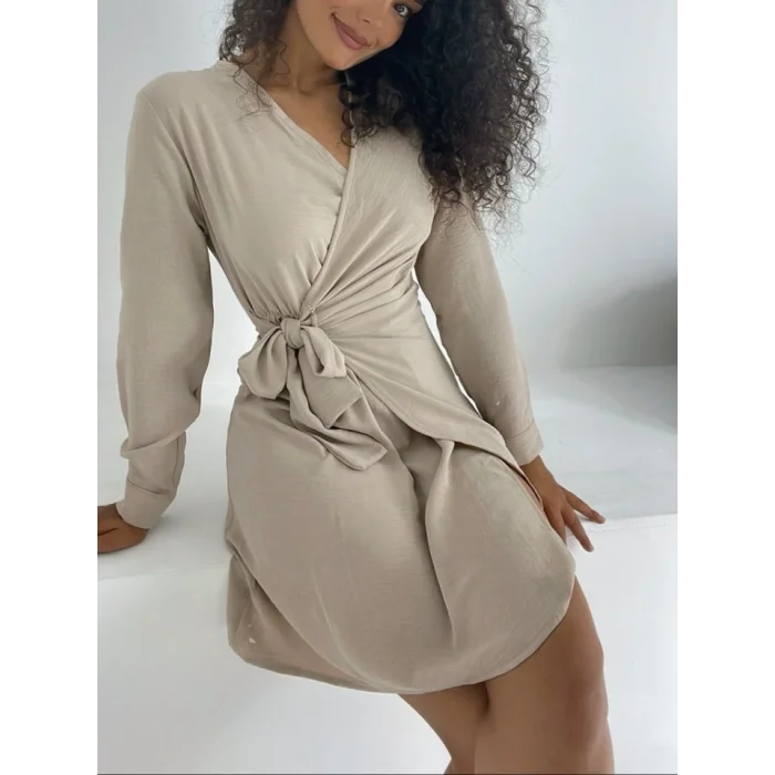 Kruvaze Yaka Bağlamalı Fırfırlı Ayrobin Elbise     -Bej