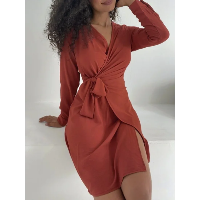 Kruvaze Yaka Bağlamalı Fırfırlı Ayrobin Elbise  -Kiremit