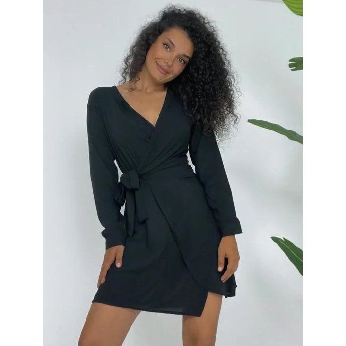 Kruvaze Yaka Bağlamalı Fırfırlı Ayrobin Elbise -Siyah