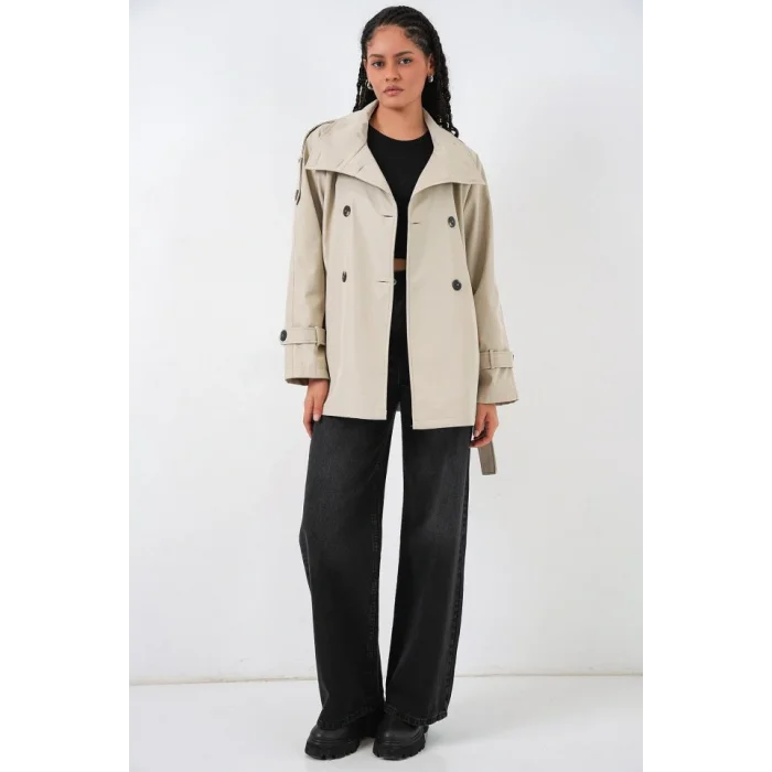 Kruvaze Yaka Kısa Trençkot 5980 - Bej