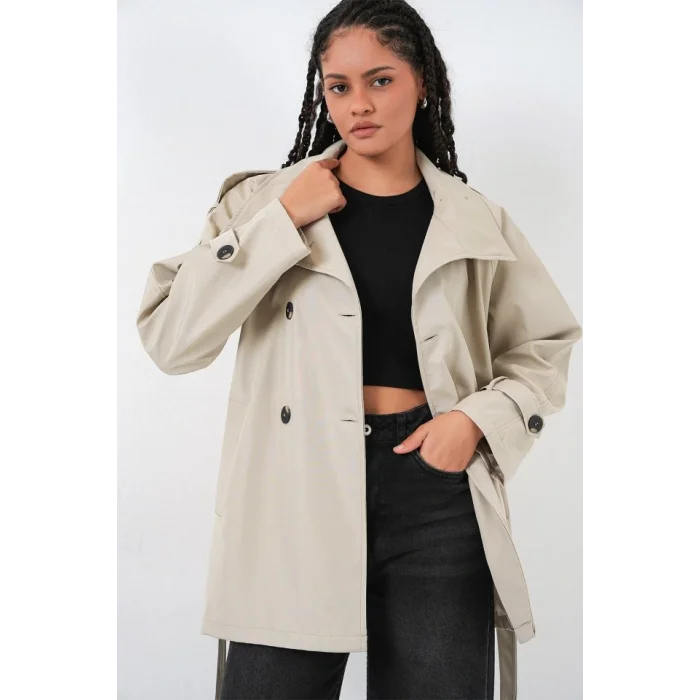 Kruvaze Yaka Kısa Trençkot 5980 - Bej