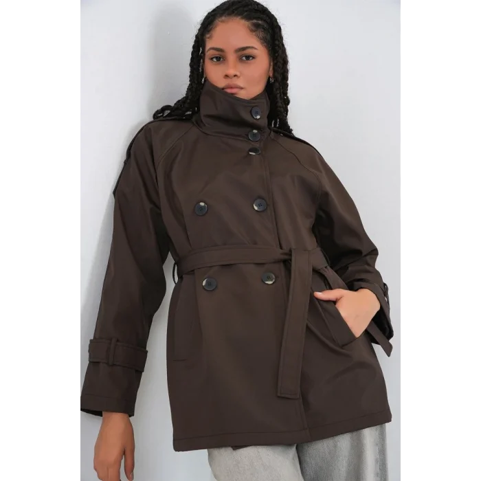 Kruvaze Yaka Kısa Trençkot 5980 - Kahverengi