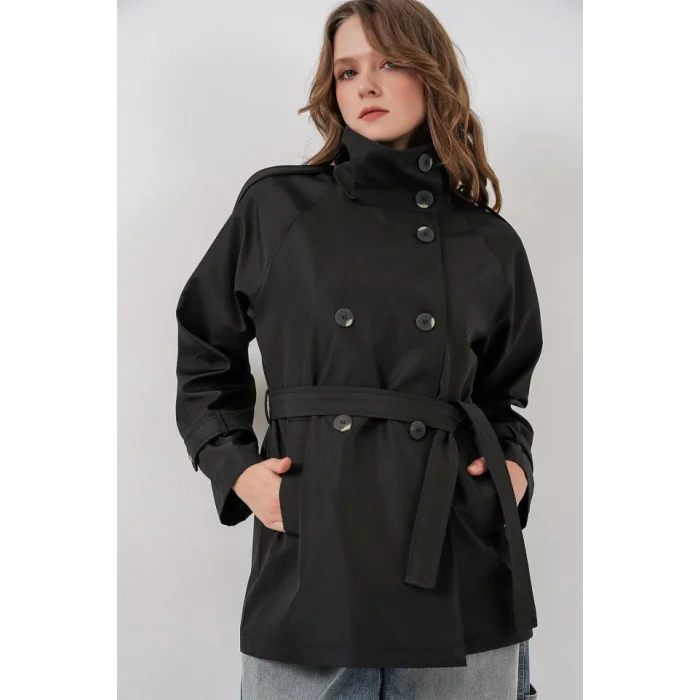 Kruvaze Yaka Kısa Trençkot 5980 - Siyah