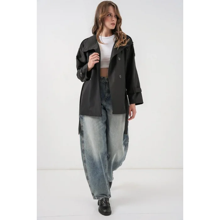 Kruvaze Yaka Kısa Trençkot 5980 - Siyah
