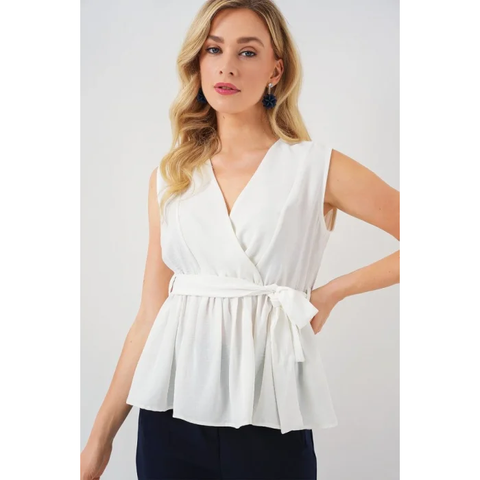 Kruvaze Yaka Kolsuz Bluz 966 - Beyaz