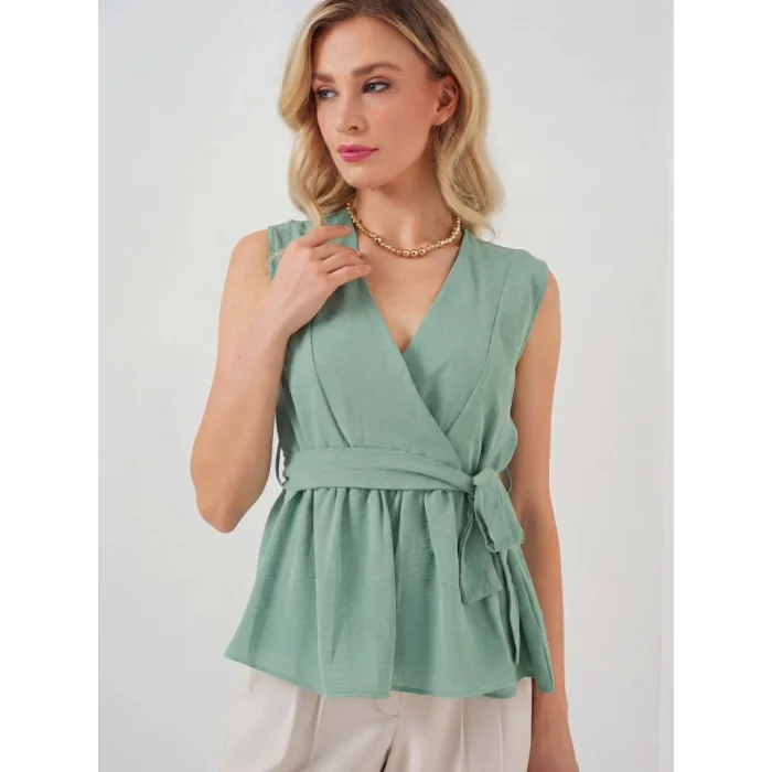 Kruvaze Yaka Kolsuz Bluz 966 - Çağla