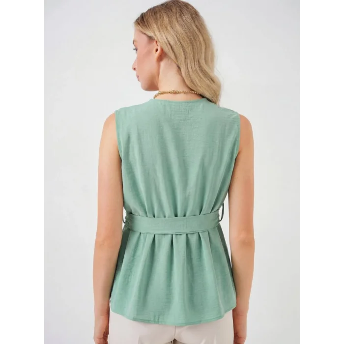 Kruvaze Yaka Kolsuz Bluz 966 - Çağla