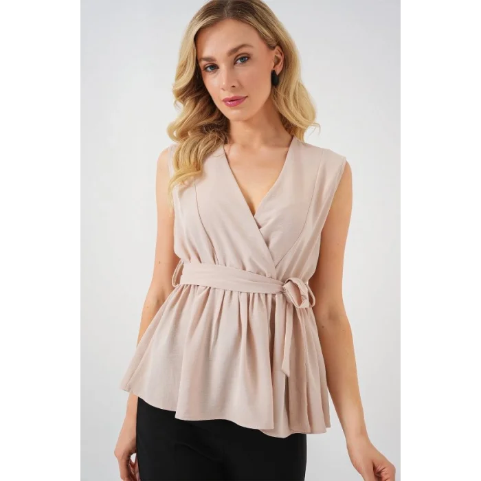 Kruvaze Yaka Kolsuz Bluz 966 - Krem