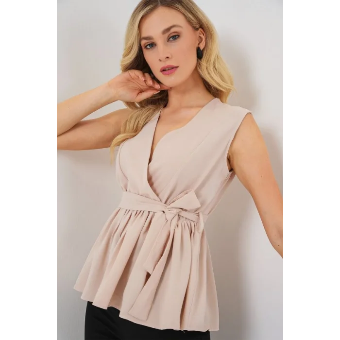 Kruvaze Yaka Kolsuz Bluz 966 - Krem