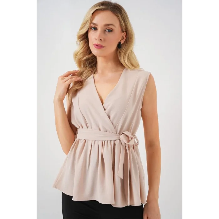 Kruvaze Yaka Kolsuz Bluz 966 - Krem