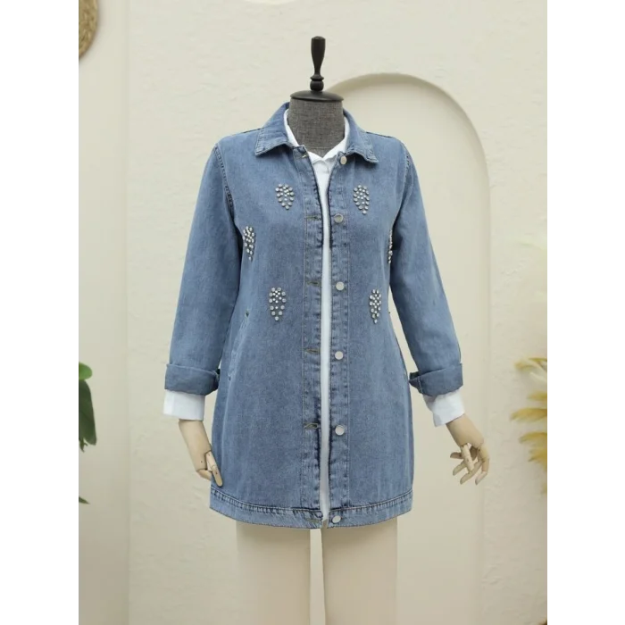 Küme Taş Detaylı Düğmeli Kot Ceket -Buz Mavi